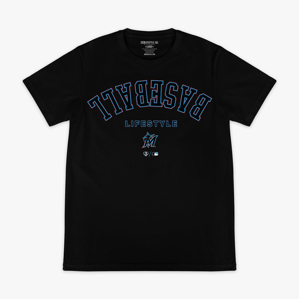Black graphic tee with "Miami Marlins Upside Down" design — front view
