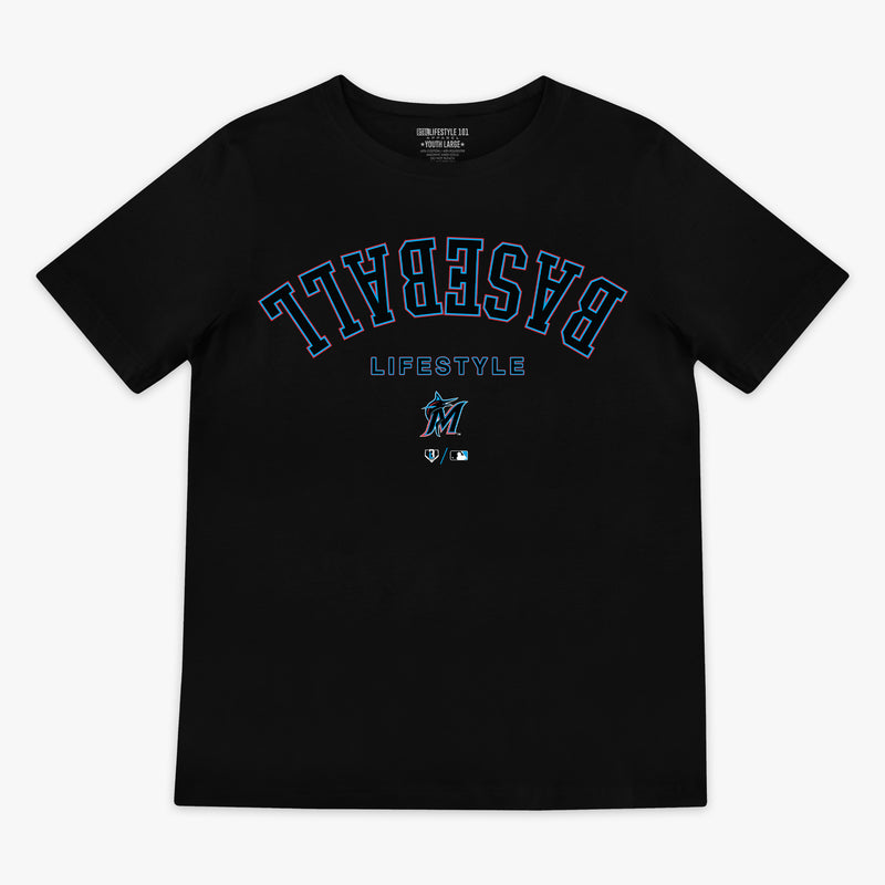 Black youth graphic tee with "Miami Marlins Upside Down" design — front view