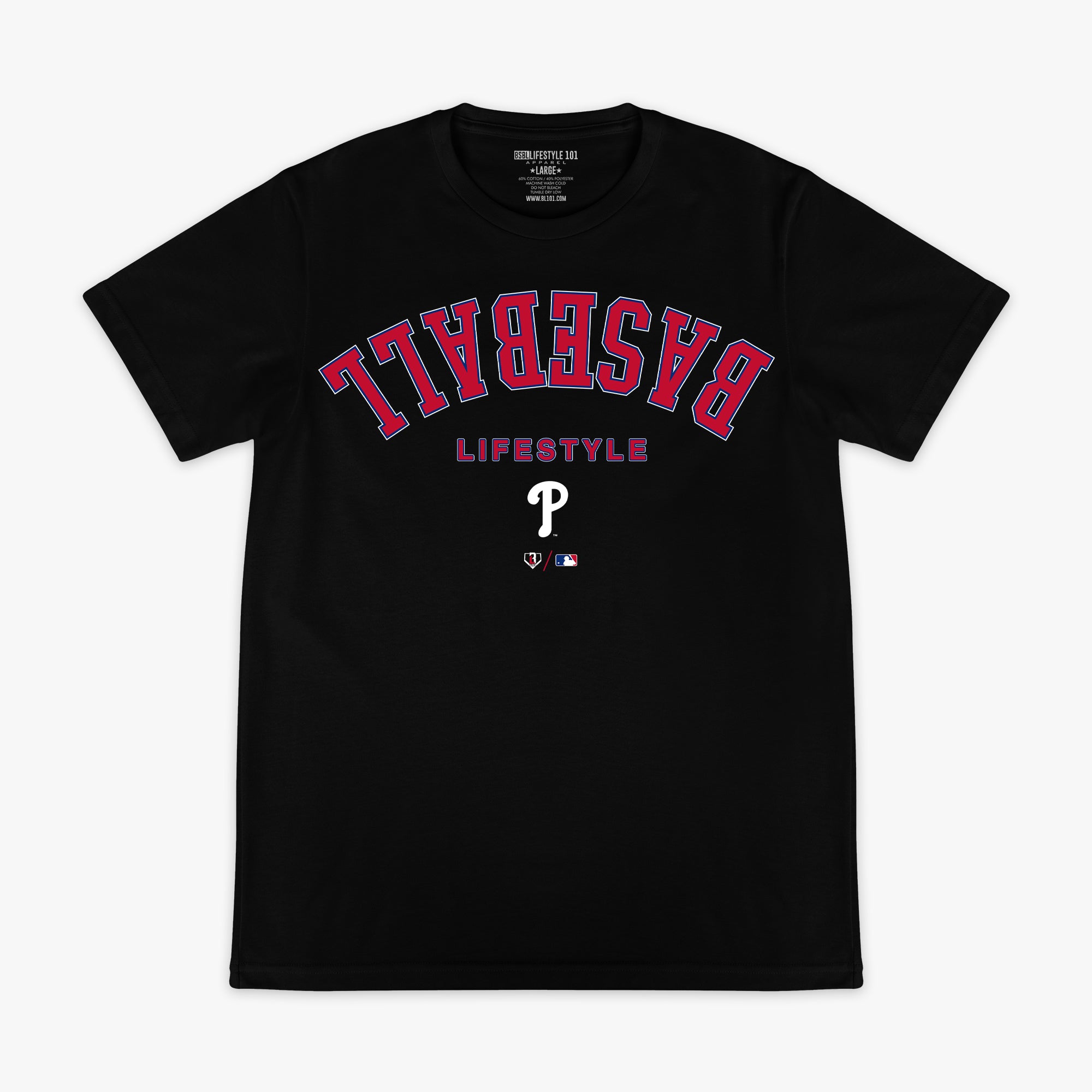 Black graphic tee with "Philadelphia Phillies Upside Down" design — front view