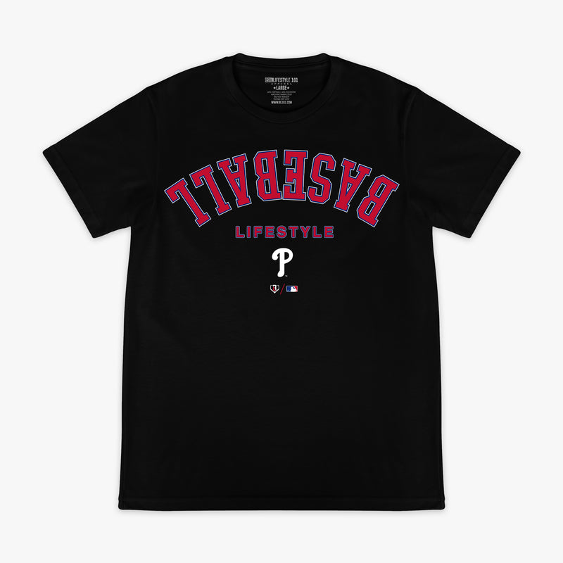 Black graphic tee with "Philadelphia Phillies Upside Down" design — front view