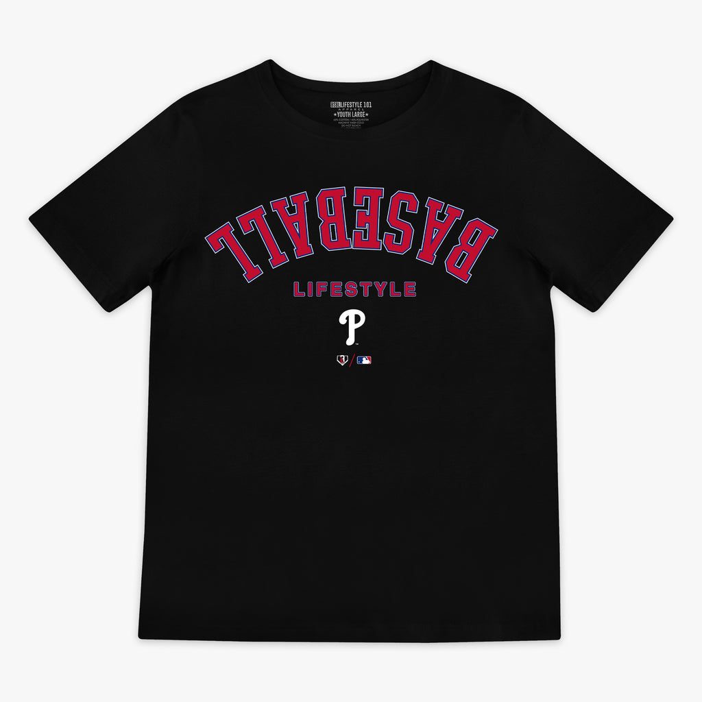 Black youth graphic tee with "Philadelphia Phillies Upside Down" design — front view