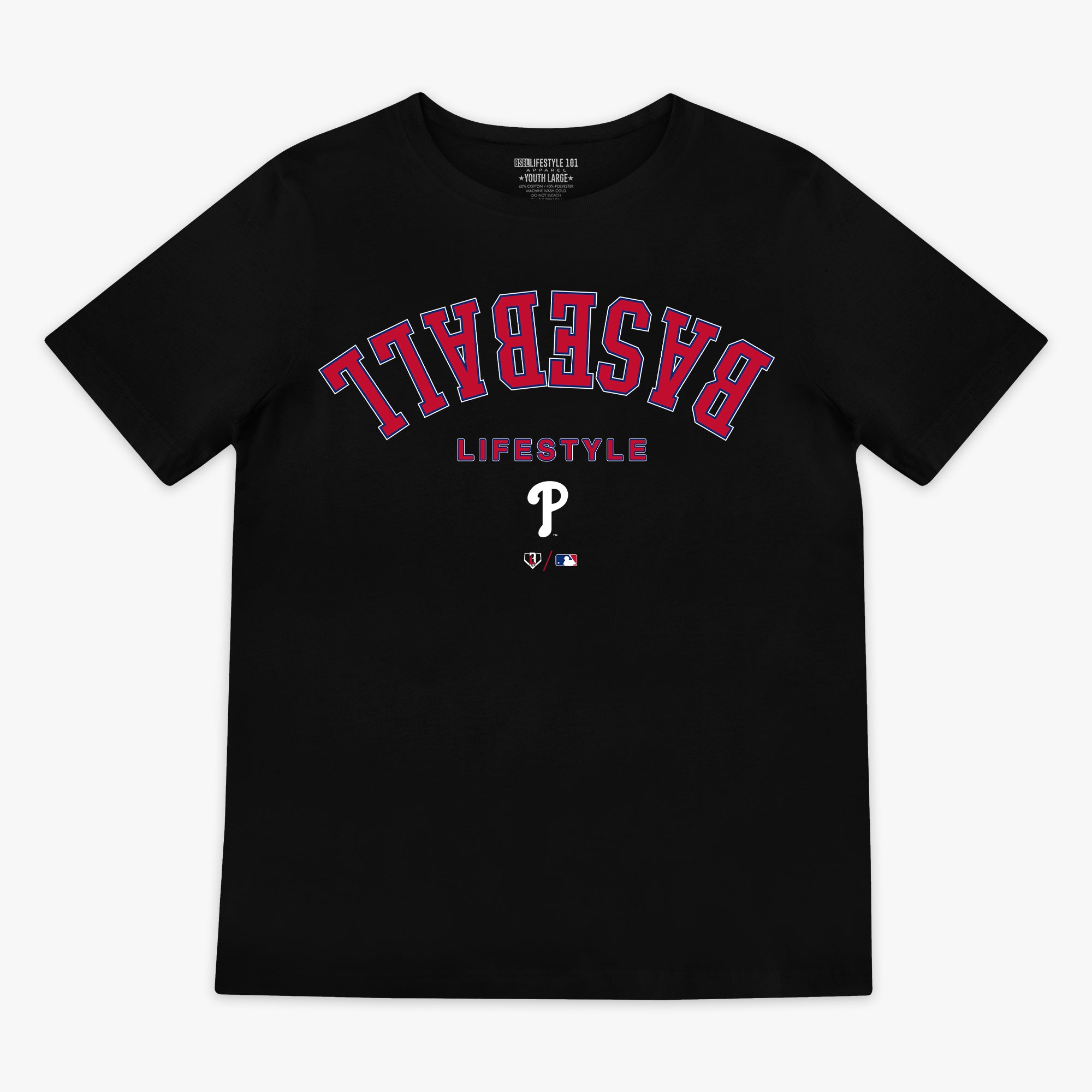 Black youth graphic tee with "Philadelphia Phillies Upside Down" design — front view