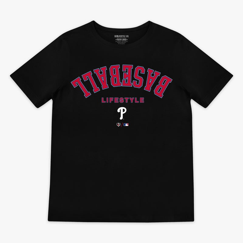 Black youth graphic tee with "Philadelphia Phillies Upside Down" design — front view