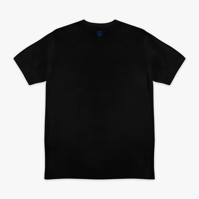 Black graphic tee with "Texas Rangers Upside Down" design — back view