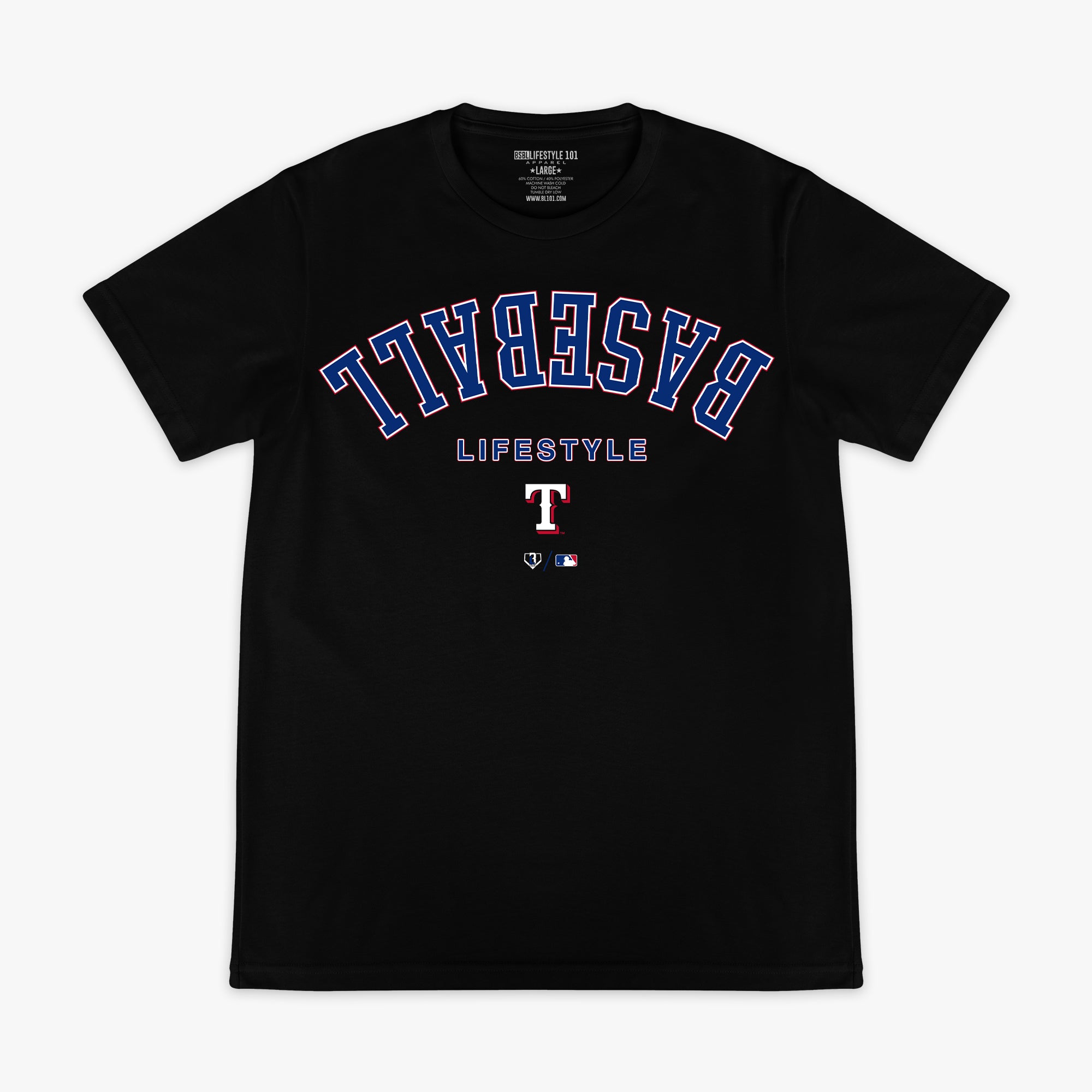 Black graphic tee with "Texas Rangers Upside Down" design — front view