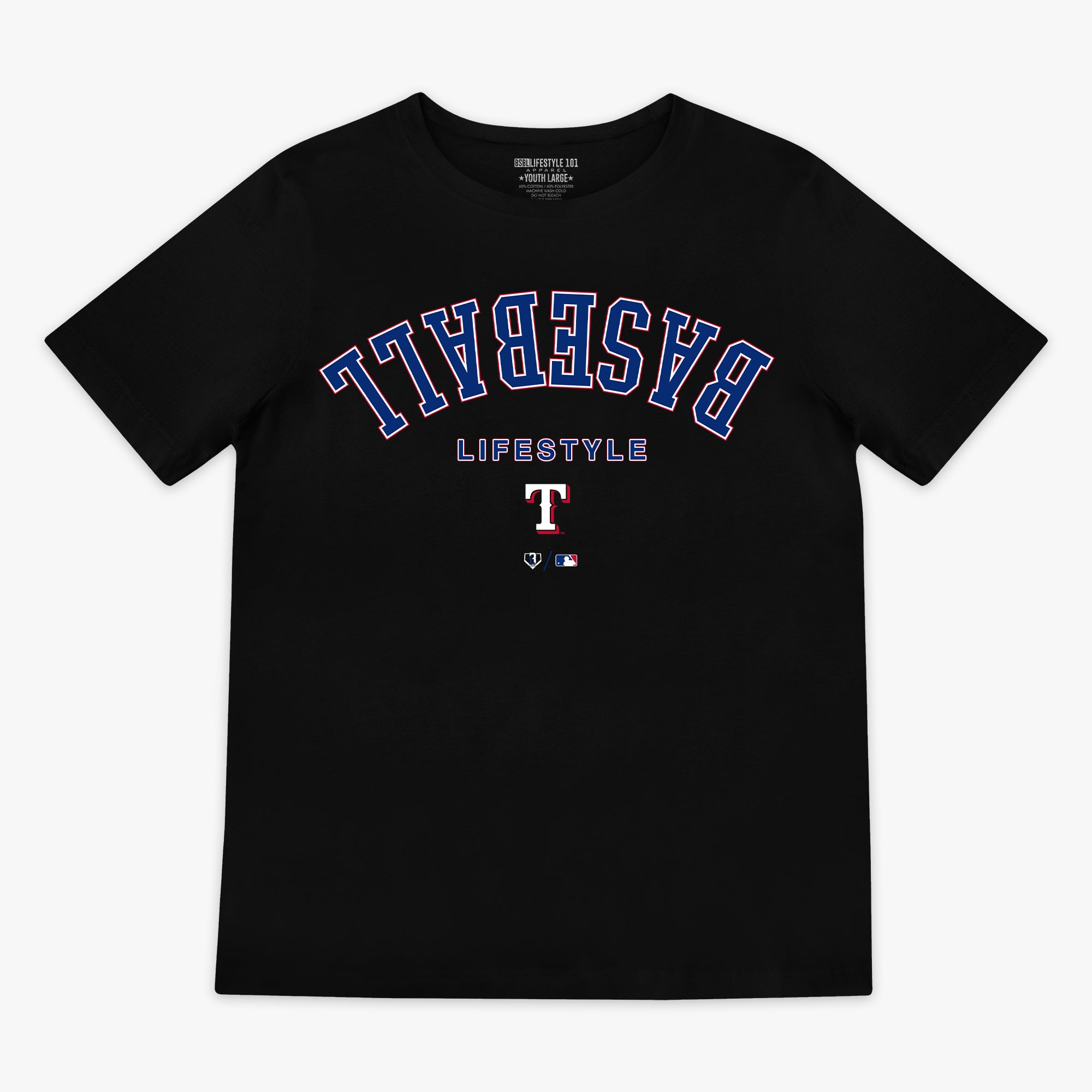 Black youth graphic tee with "Texas Rangers Upside Down" design — front view