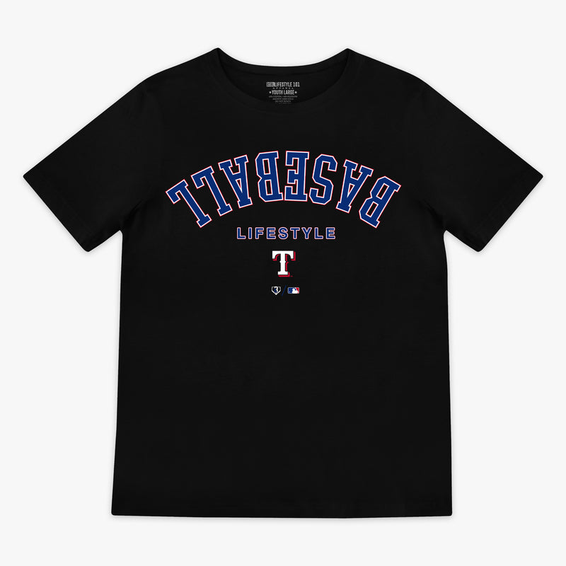 Black youth graphic tee with "Texas Rangers Upside Down" design — front view