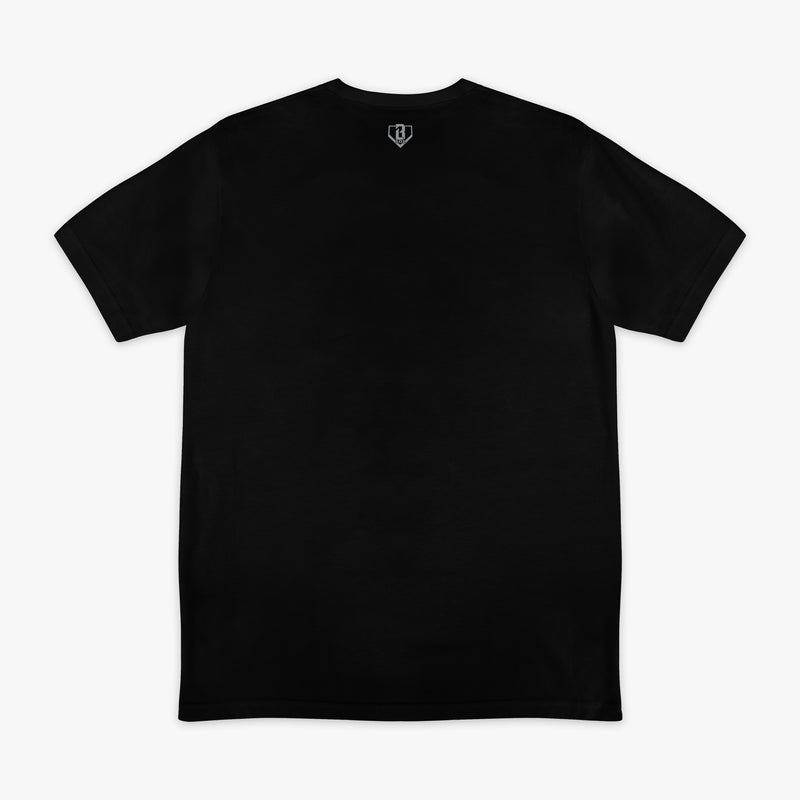 Black graphic tee with "Chicago White Sox Upside Down" design — back view