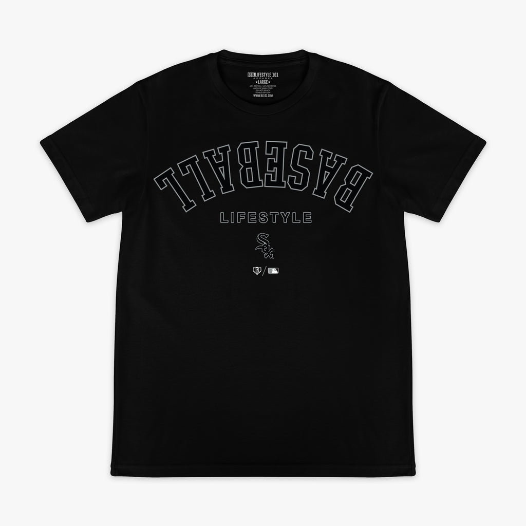 Black graphic tee with "Chicago White Sox Upside Down" design — front view