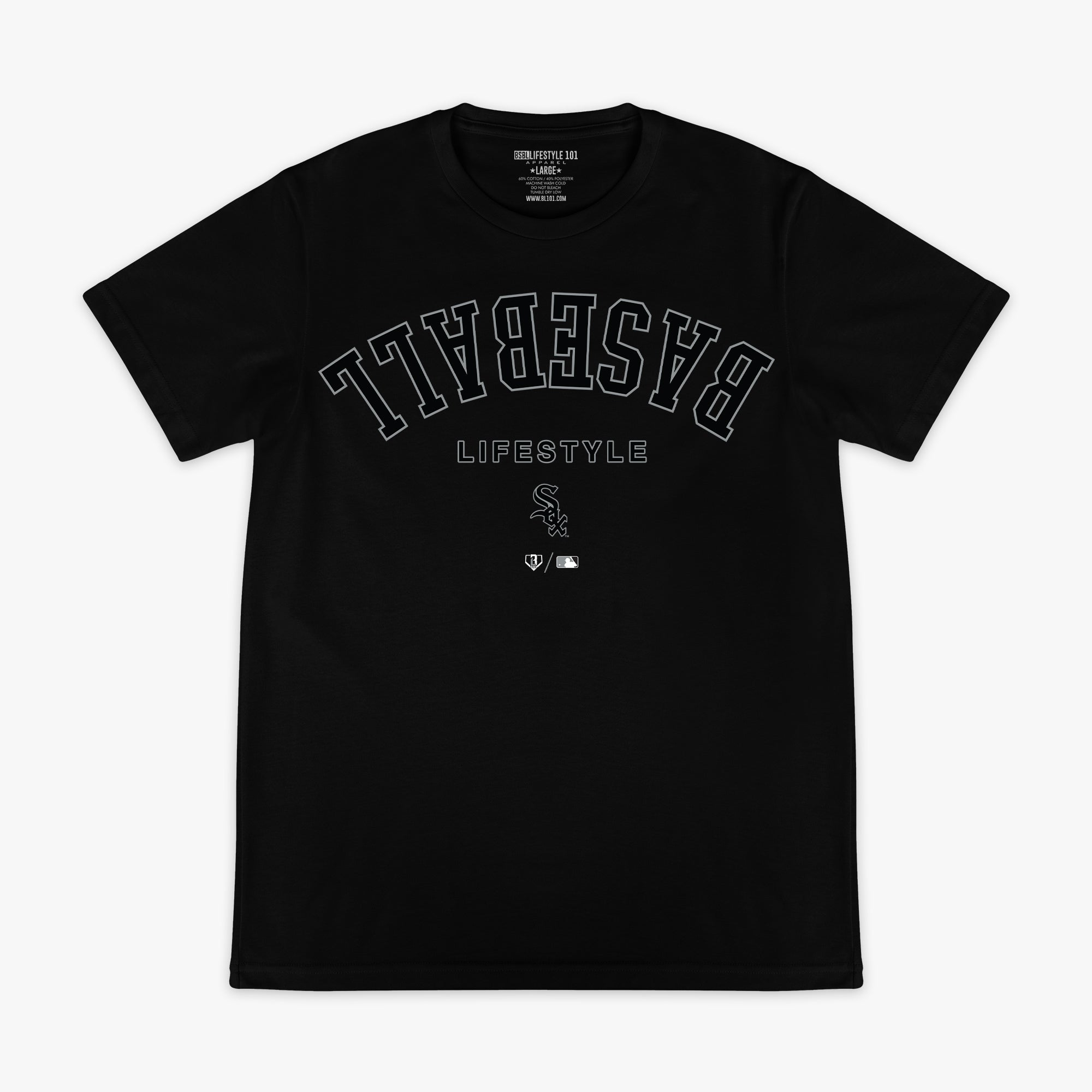 Black graphic tee with "Chicago White Sox Upside Down" design — front view