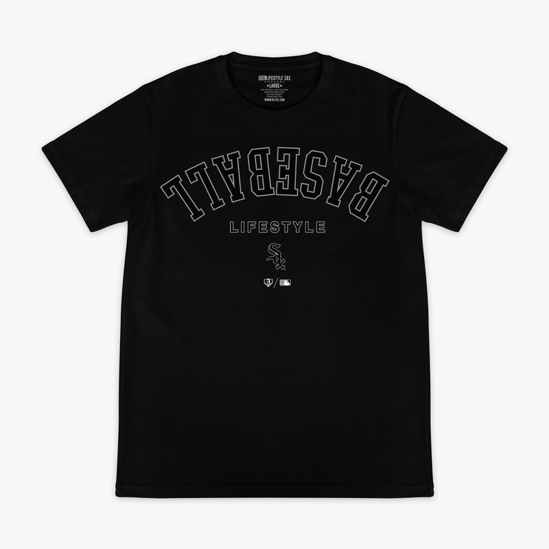 Black graphic tee with "Chicago White Sox Upside Down" design — front view
