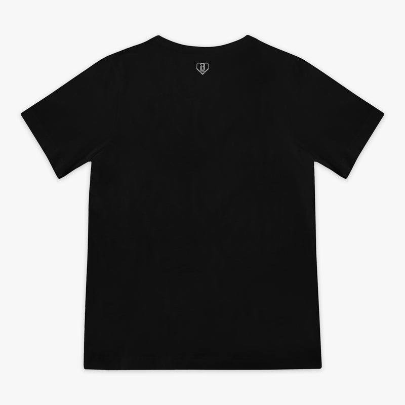 Black youth graphic tee with "New York Yankees Upside Down" design — back view