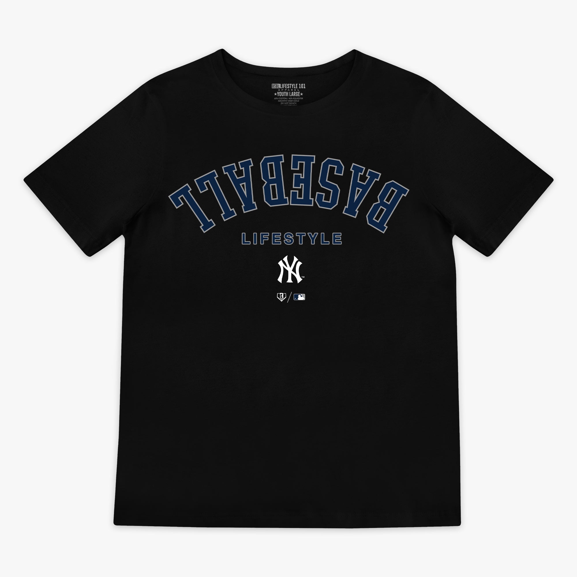 Black youth graphic tee with "New York Yankees Upside Down" design — front view