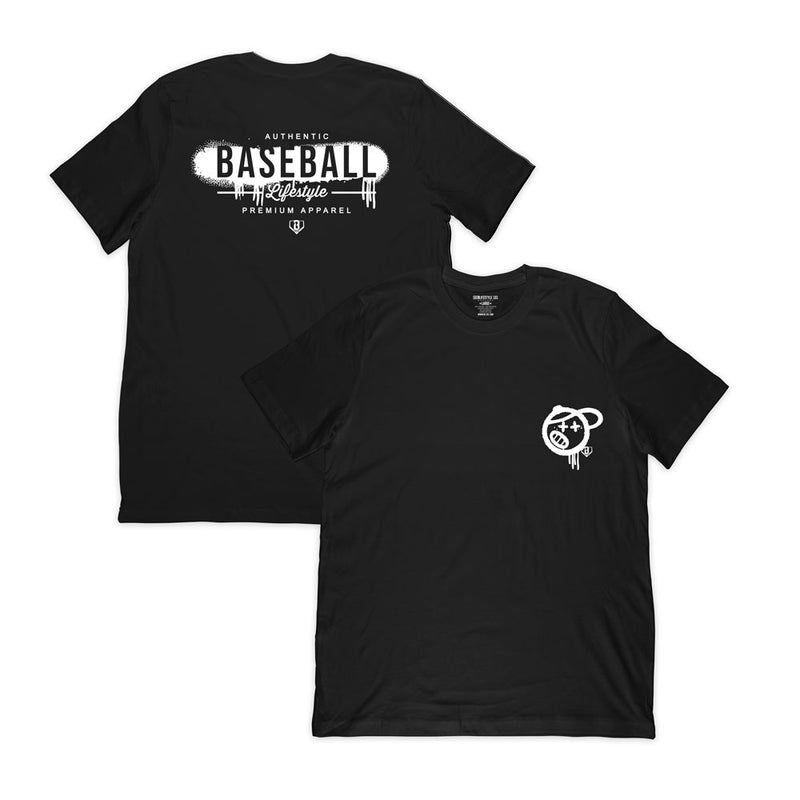 Adult model wearing black and white Vandal graphic tee