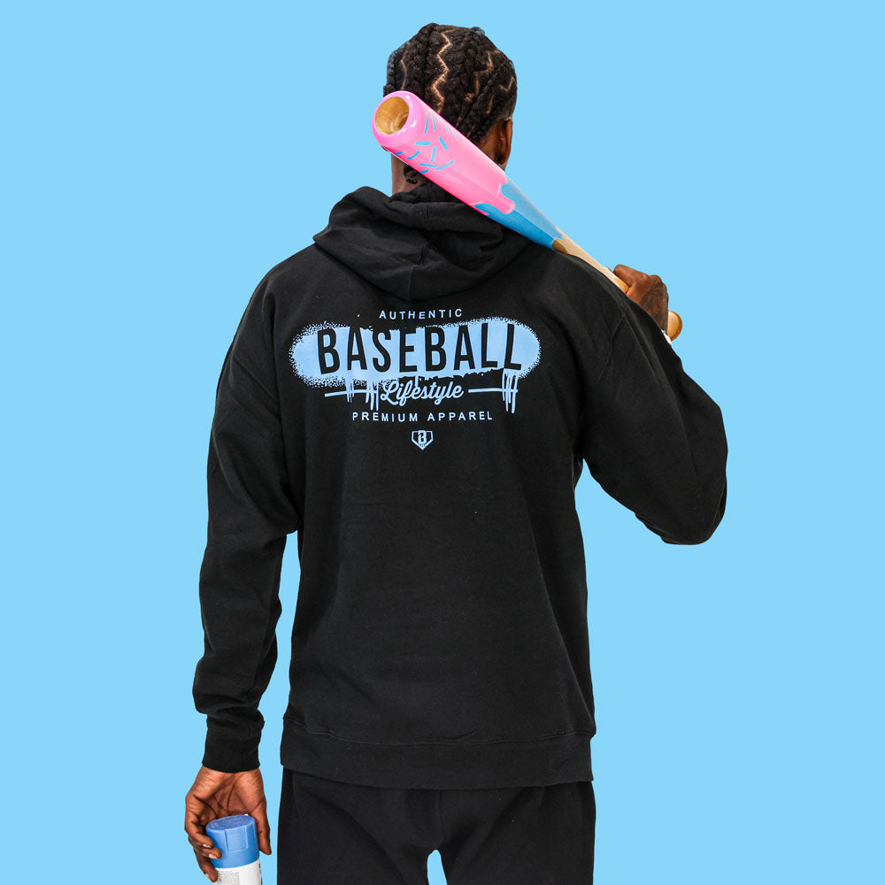Black and light blue Vandal hoodie — back view