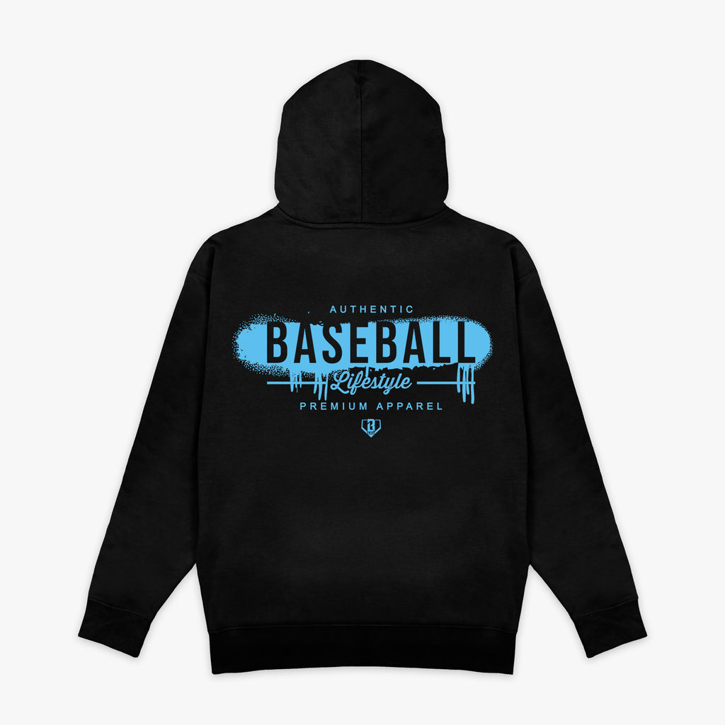 Black and light blue Vandal hoodie — back view