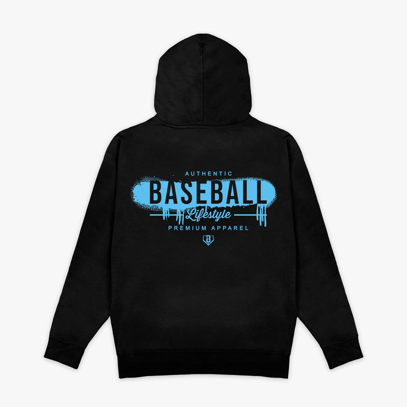 Black and light blue Vandal hoodie — back view