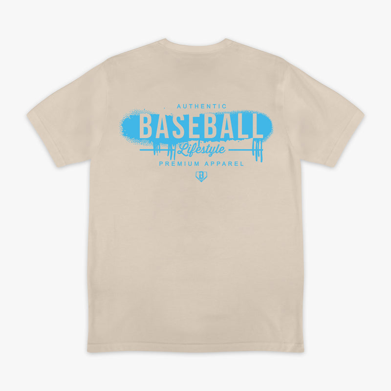 Tan and light blue Vandal graphic tee — back view