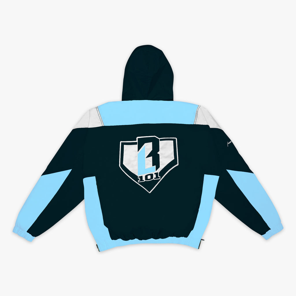 Black, white and blue jacket with a BL101 logo on the back against a white background