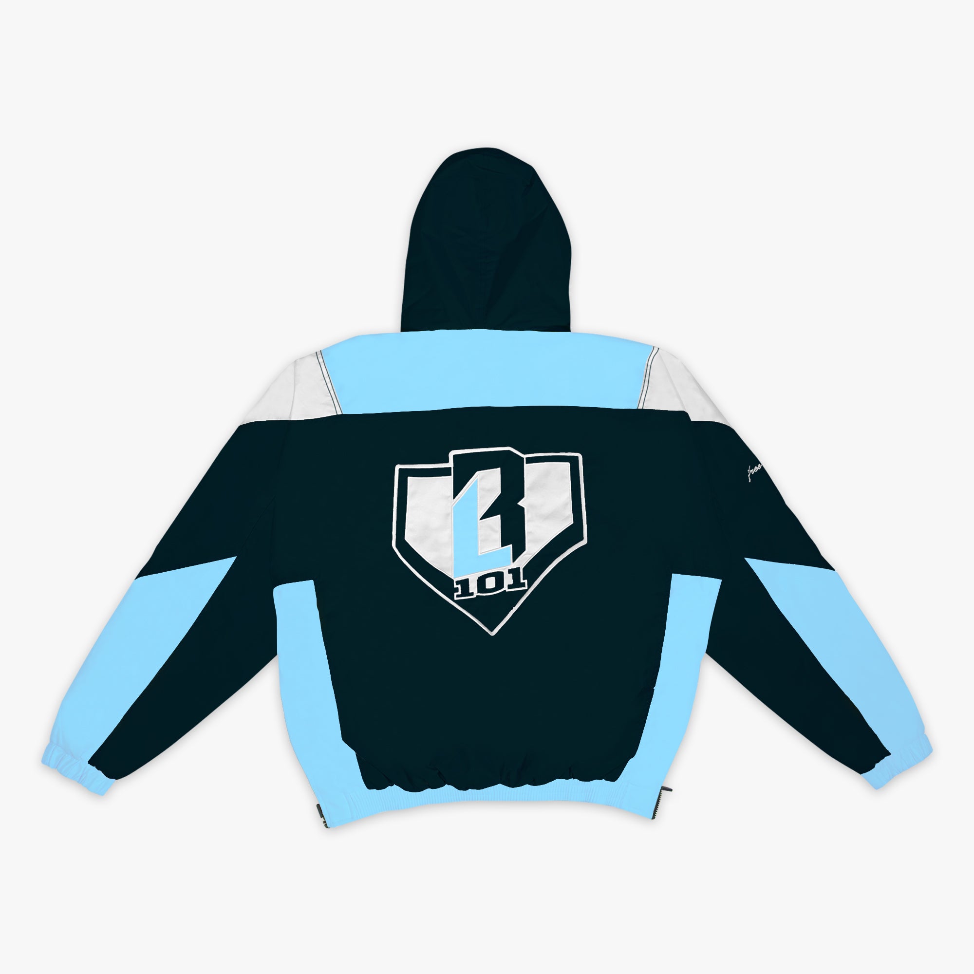 Black, white and blue jacket with a BL101 logo on the back against a white background