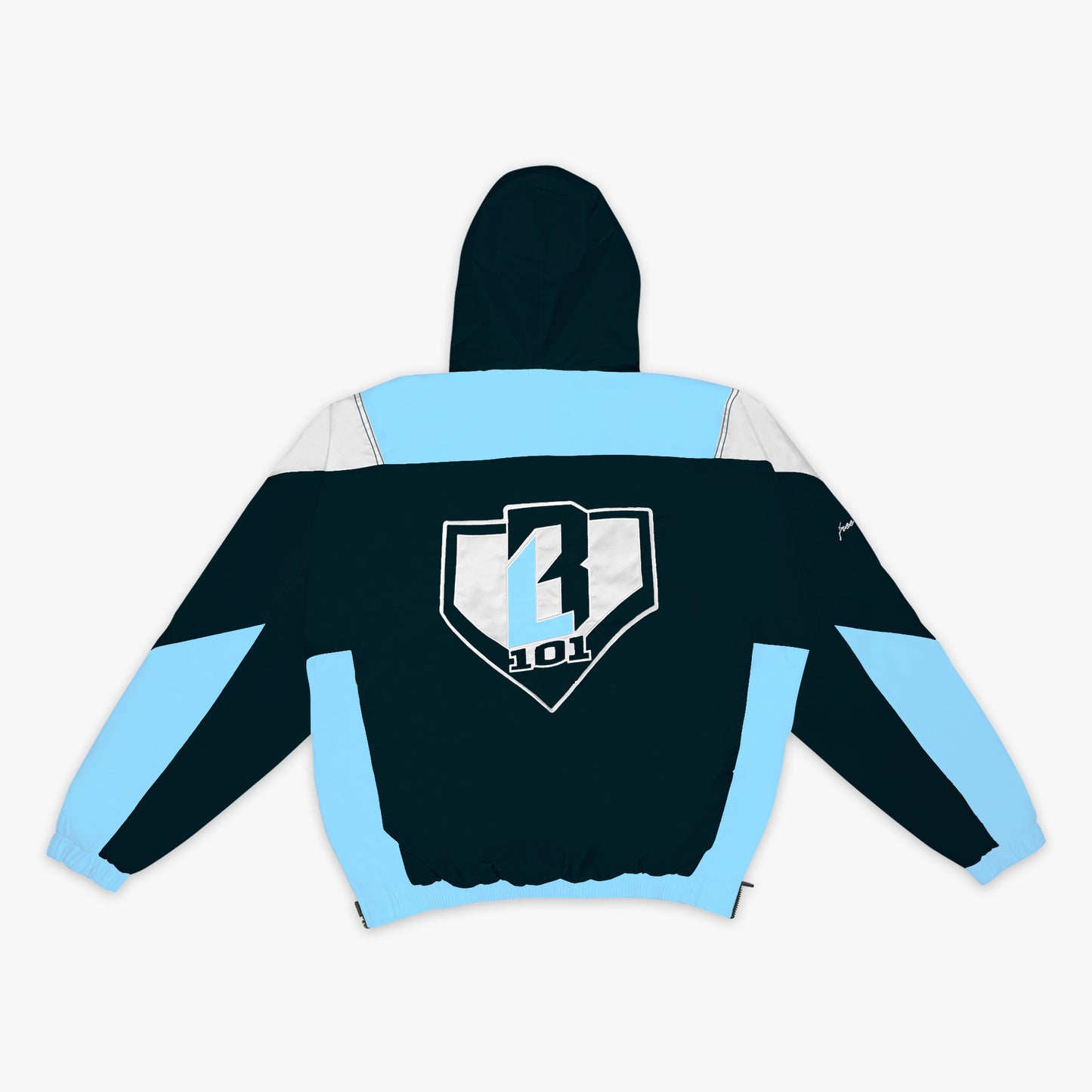 Black, white and blue jacket with a BL101 logo on the back against a white background