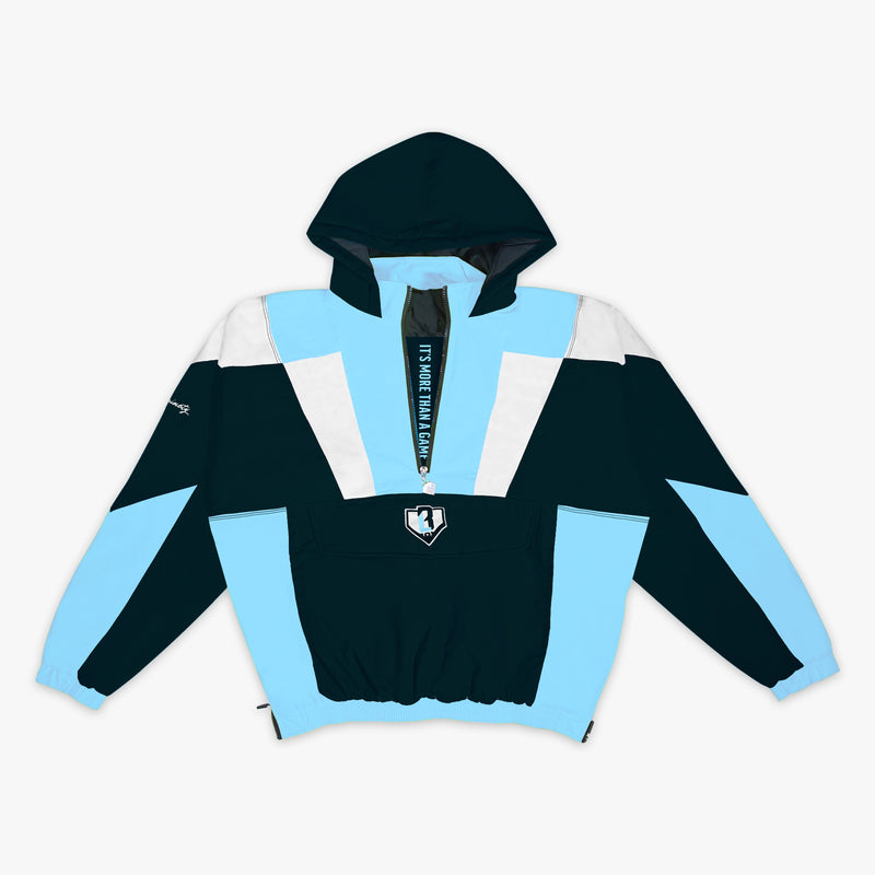 Black, white and blue pullover jacket with a hood on a white background