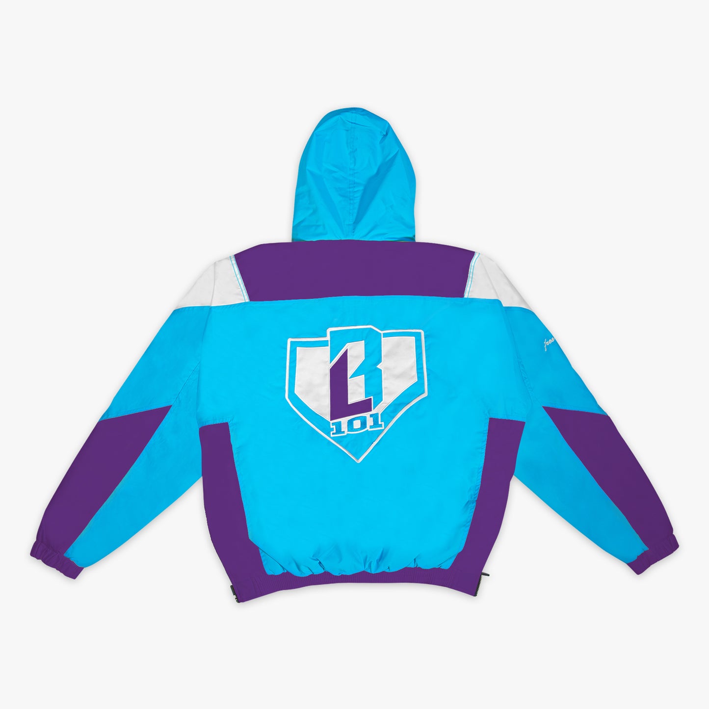 Blue, white and purple jacket with BL101 logo on back