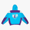 Blue, white and purple jacket with BL101 logo on the back against a white background