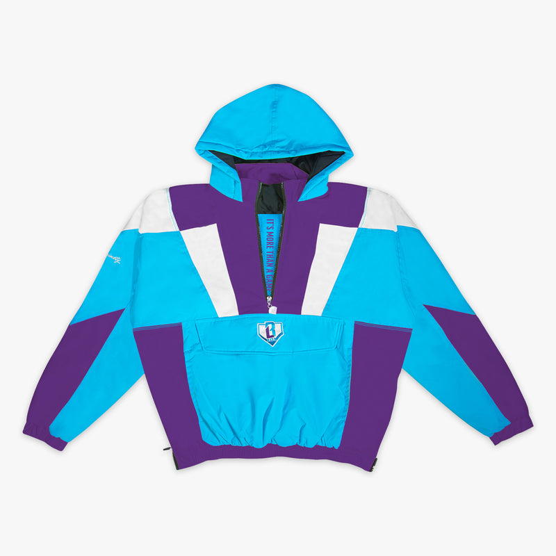 Colorful jacket with blue, purple, and white design on a white background