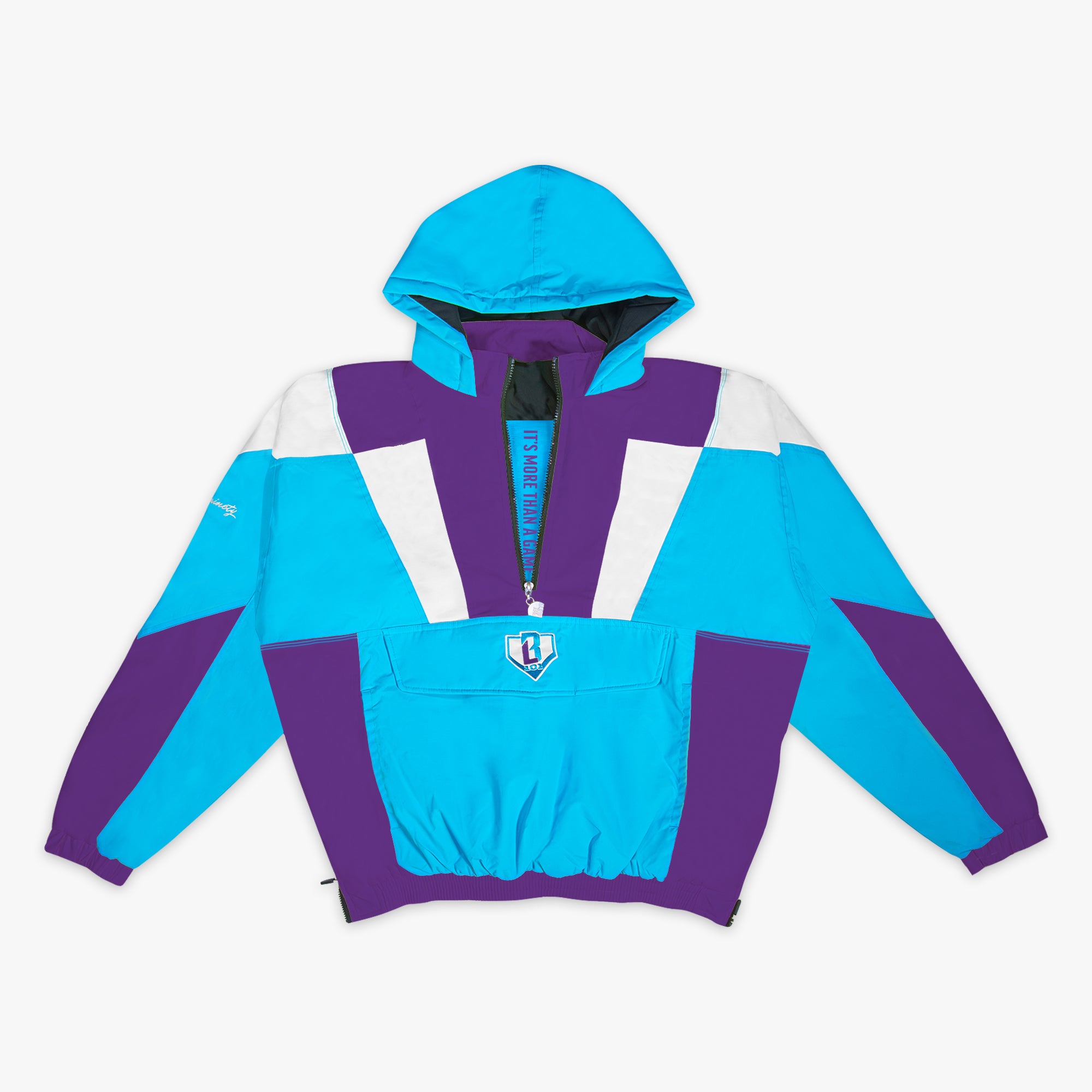 Colorful jacket with blue, purple, and white color way on a white background