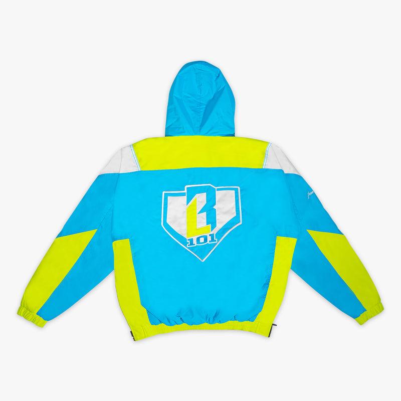 Blue and yellow Pullover jacket with a BL101 logo on the back against a white background