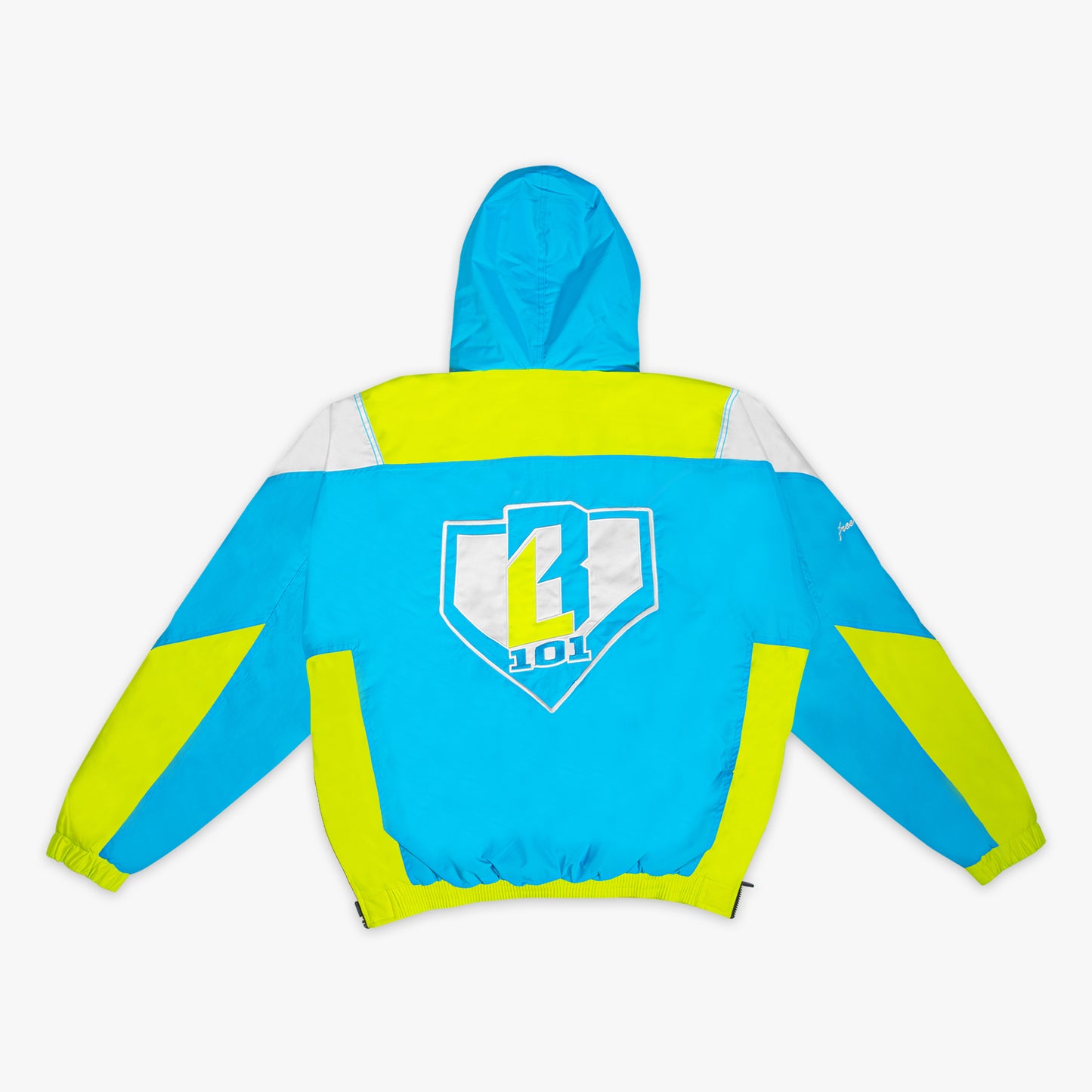 Blue and yellow Pullover jacket with a BL101 logo on the back against a white background