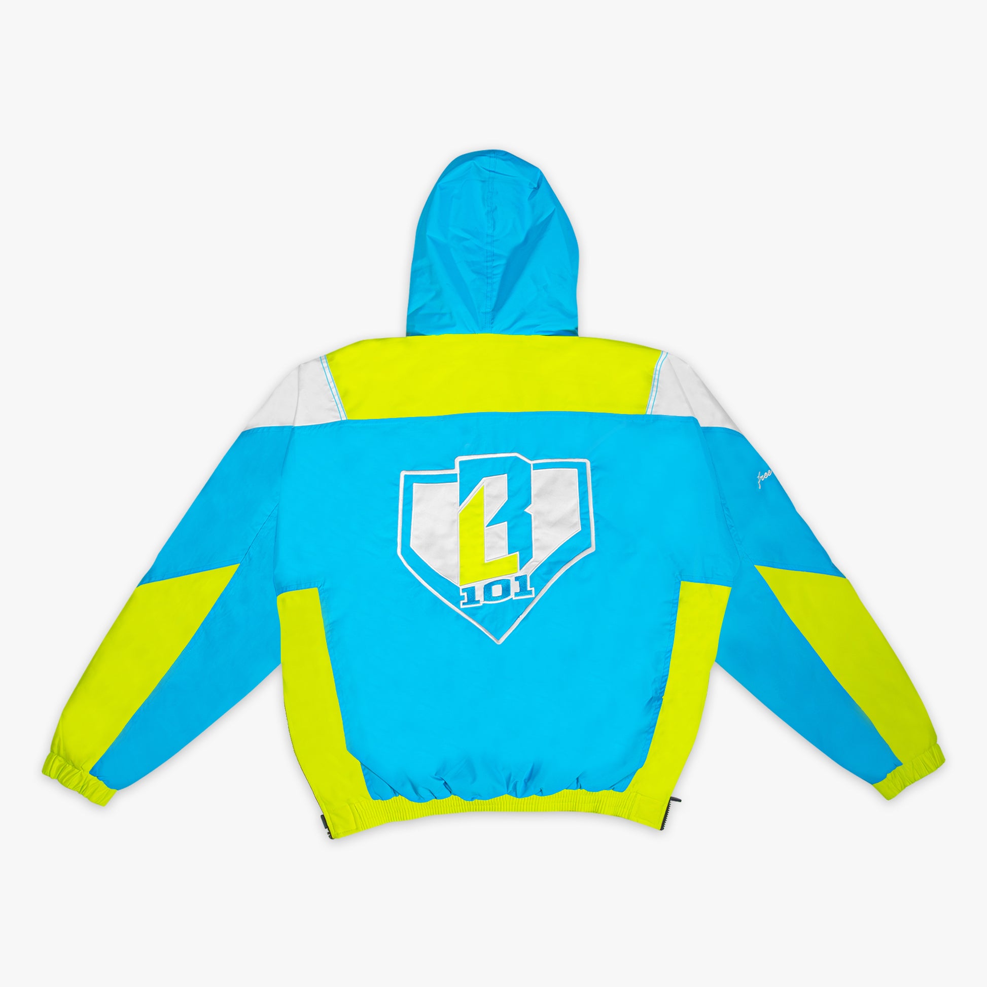 Blue and yellow Pullover jacket with a BL101 logo on the back against a white background