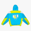 Blue and yellow Pullover jacket with a BL101 logo on the back against a white background