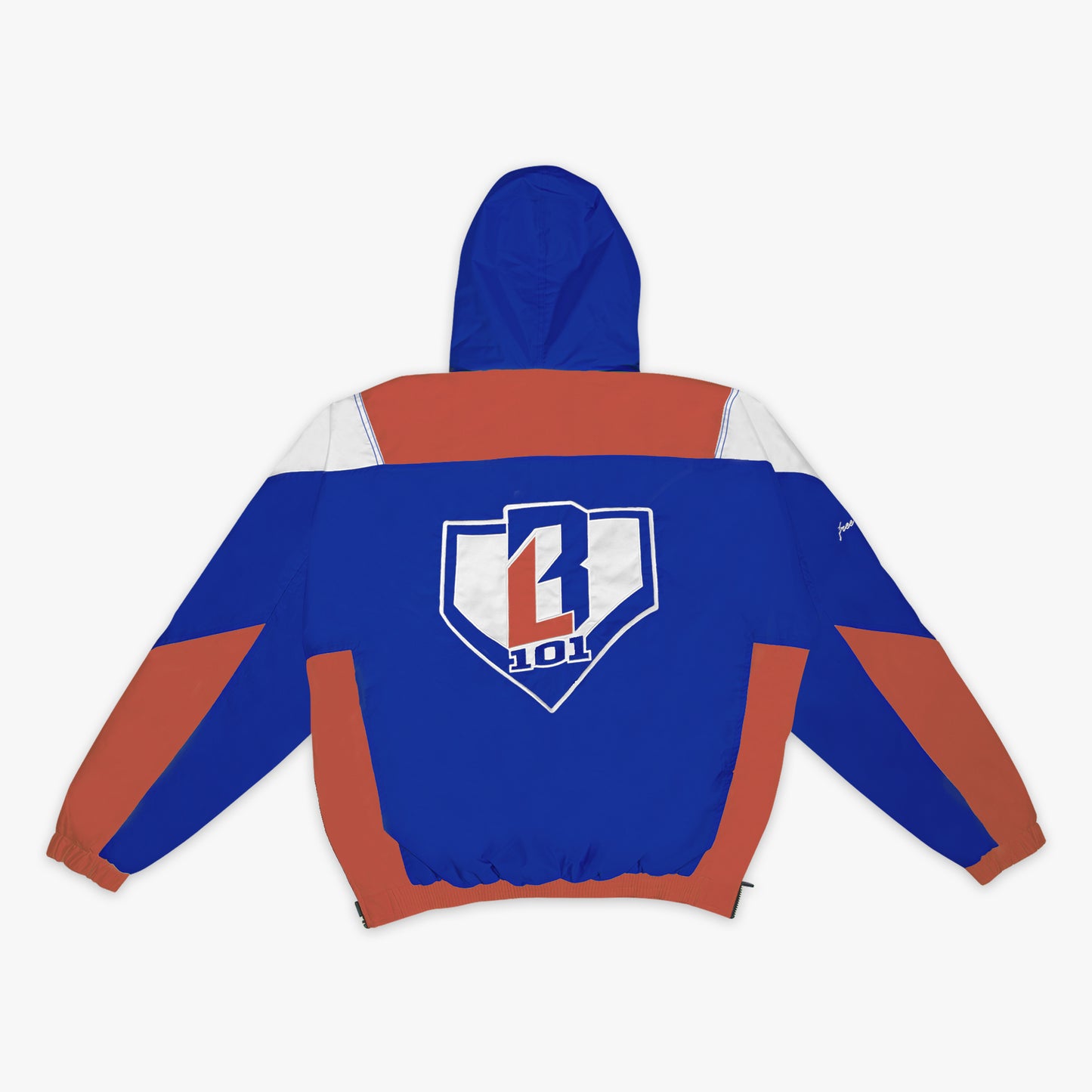 Blue red and white jacket with BL101 logo on the back against a white background