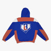 Blue red and white jacket with BL101 logo on the back against a white background