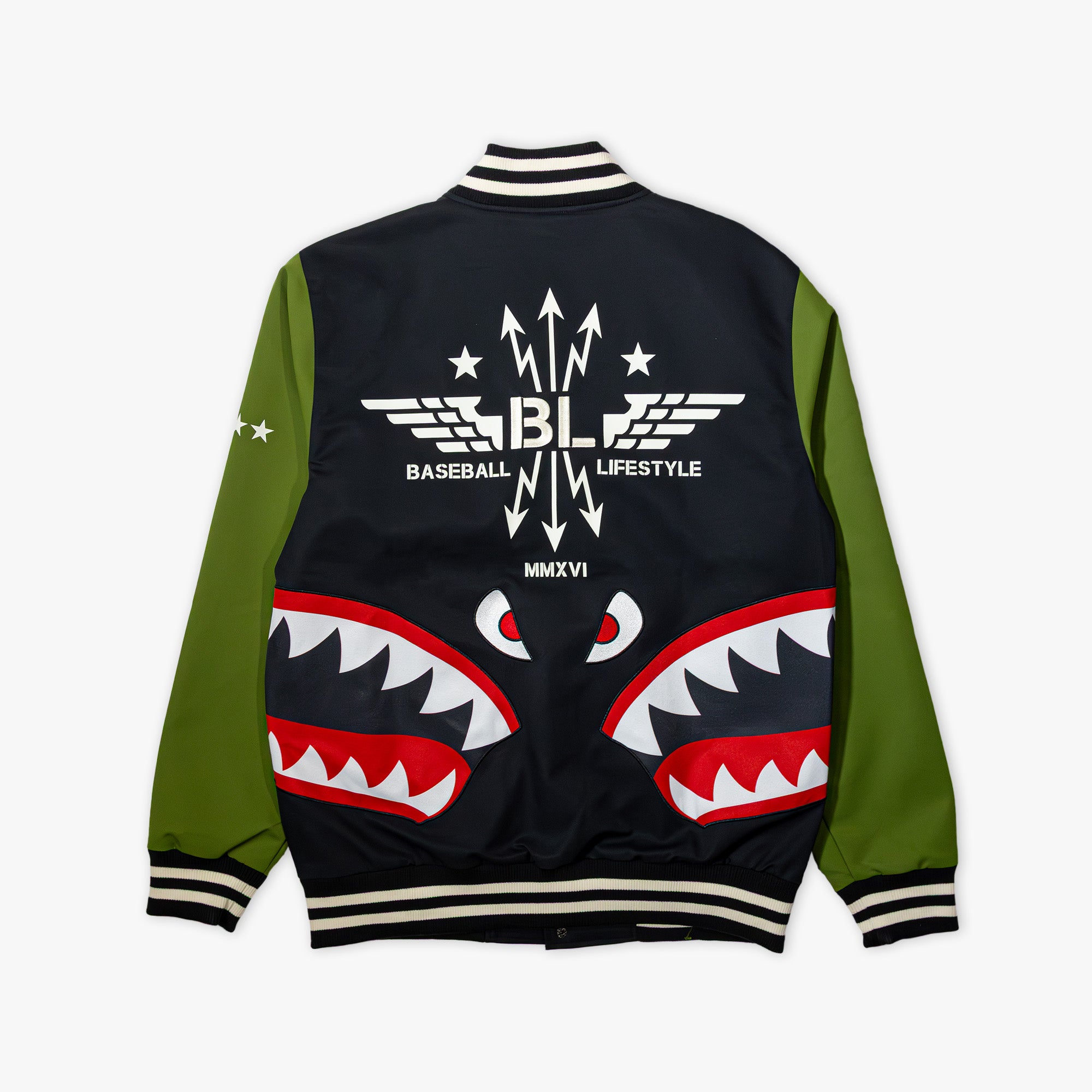 Black and green varsity jacket with white embroidered Baseball Lifestyle BL winged logo, white star graphics, and large red shark mouth design on back