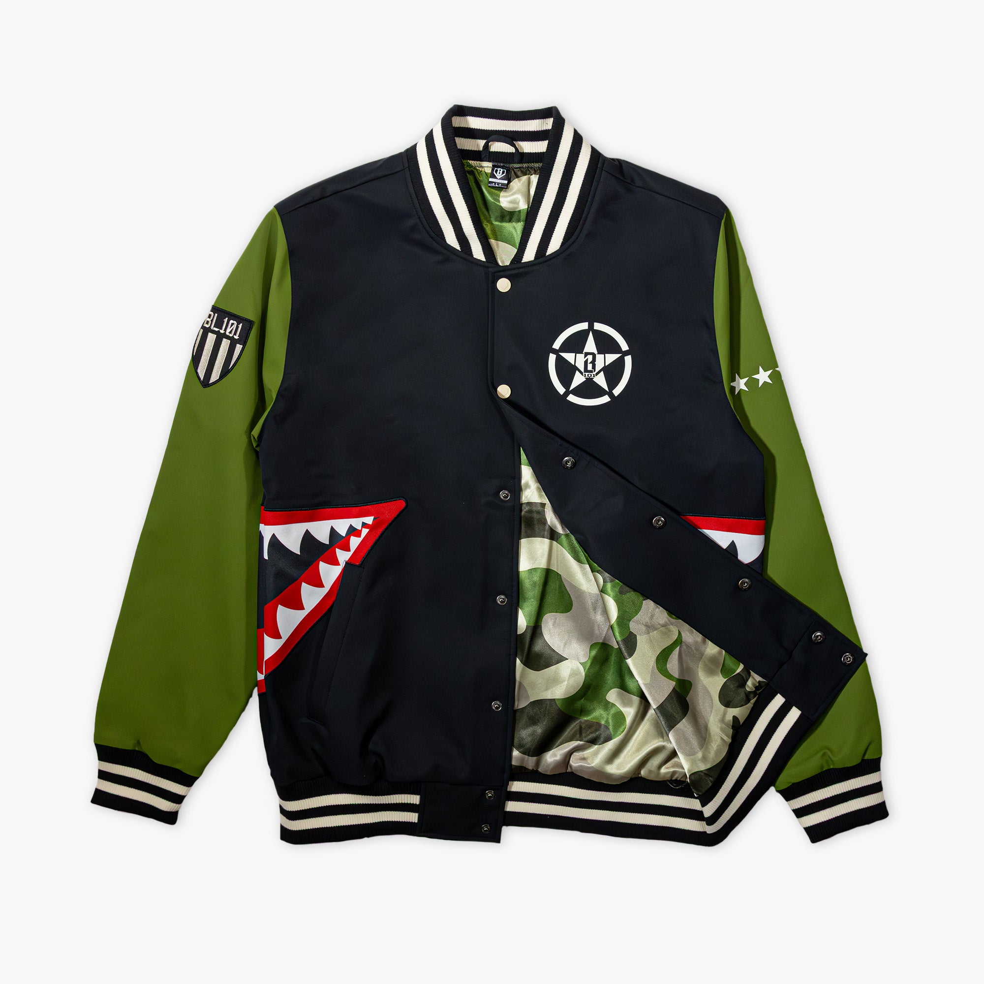 Black and green varsity jacket with white embroidered star logo on chest, BL101 armor patch on sleeve, red shark mouth pocket designs and camouflage interior