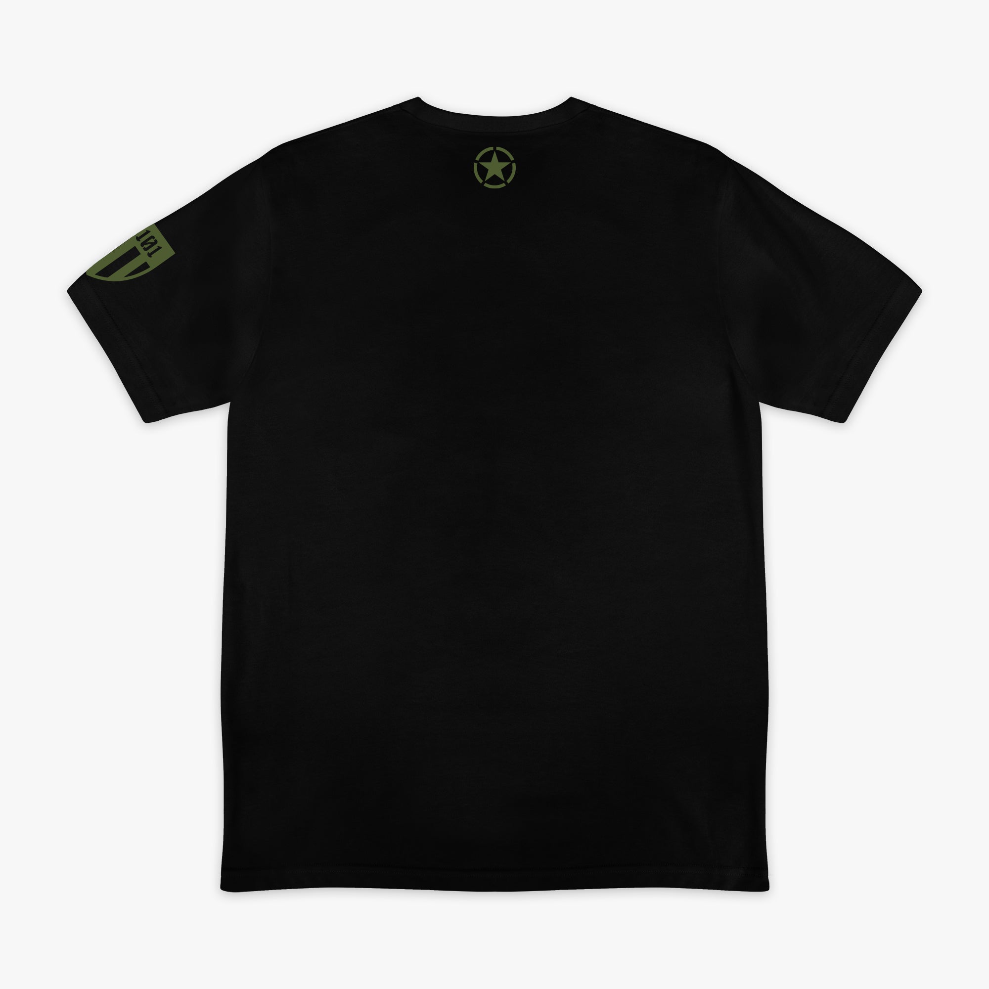 Black t-shirt featuring an army green star graphic and a green Armor BL101 logo on sleeve