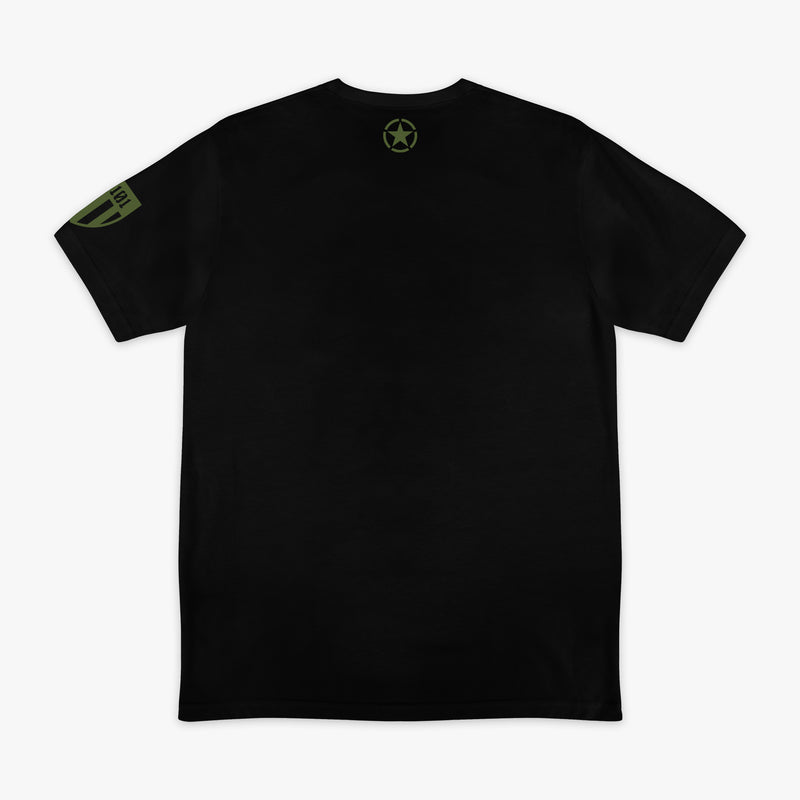 Black t-shirt featuring an army green star graphic and a green Armor BL101 logo on sleeve