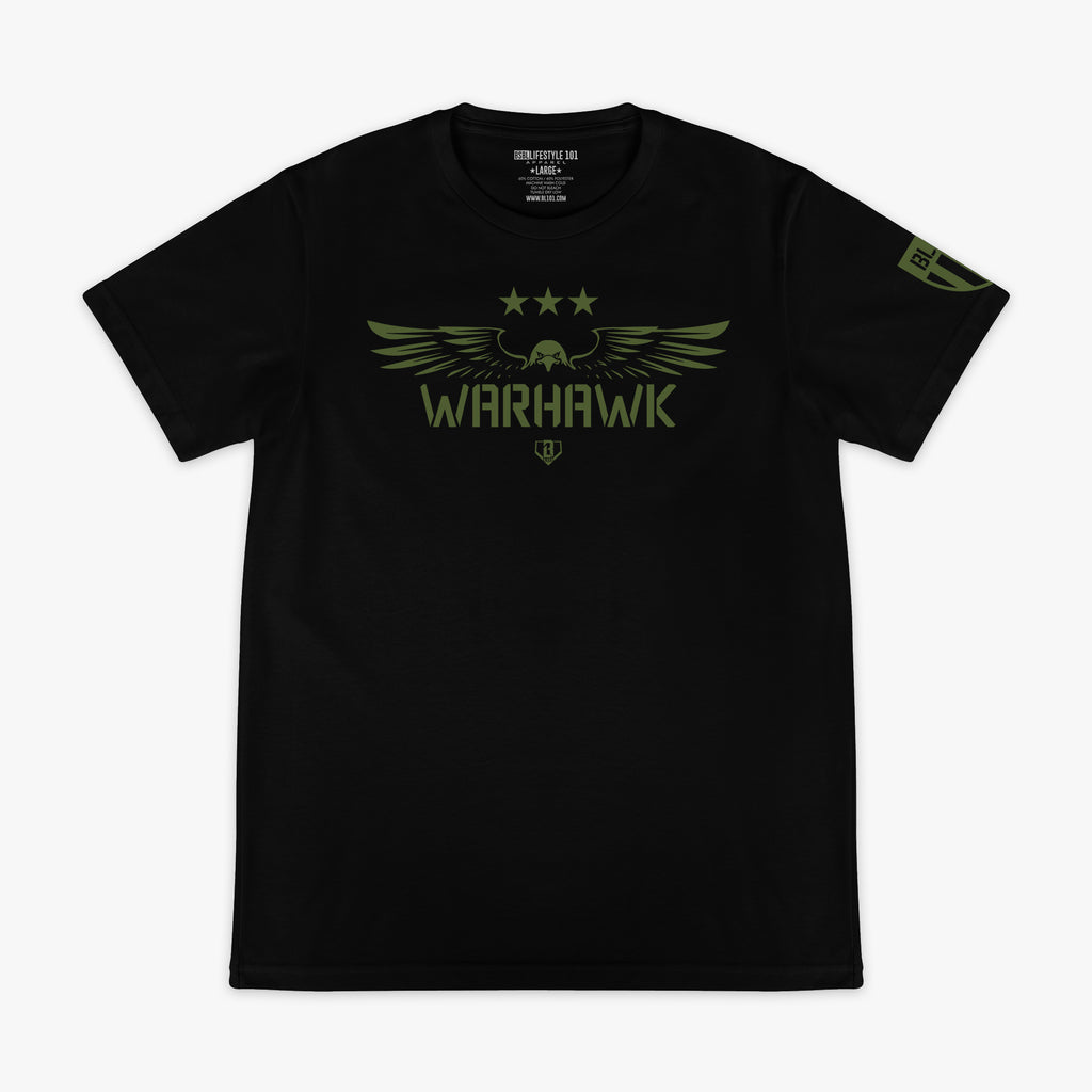 Black t-shirt featuring an army green eagle graphic with green “WARHAWK” lettering and a green Armor BL101 logo on sleeve