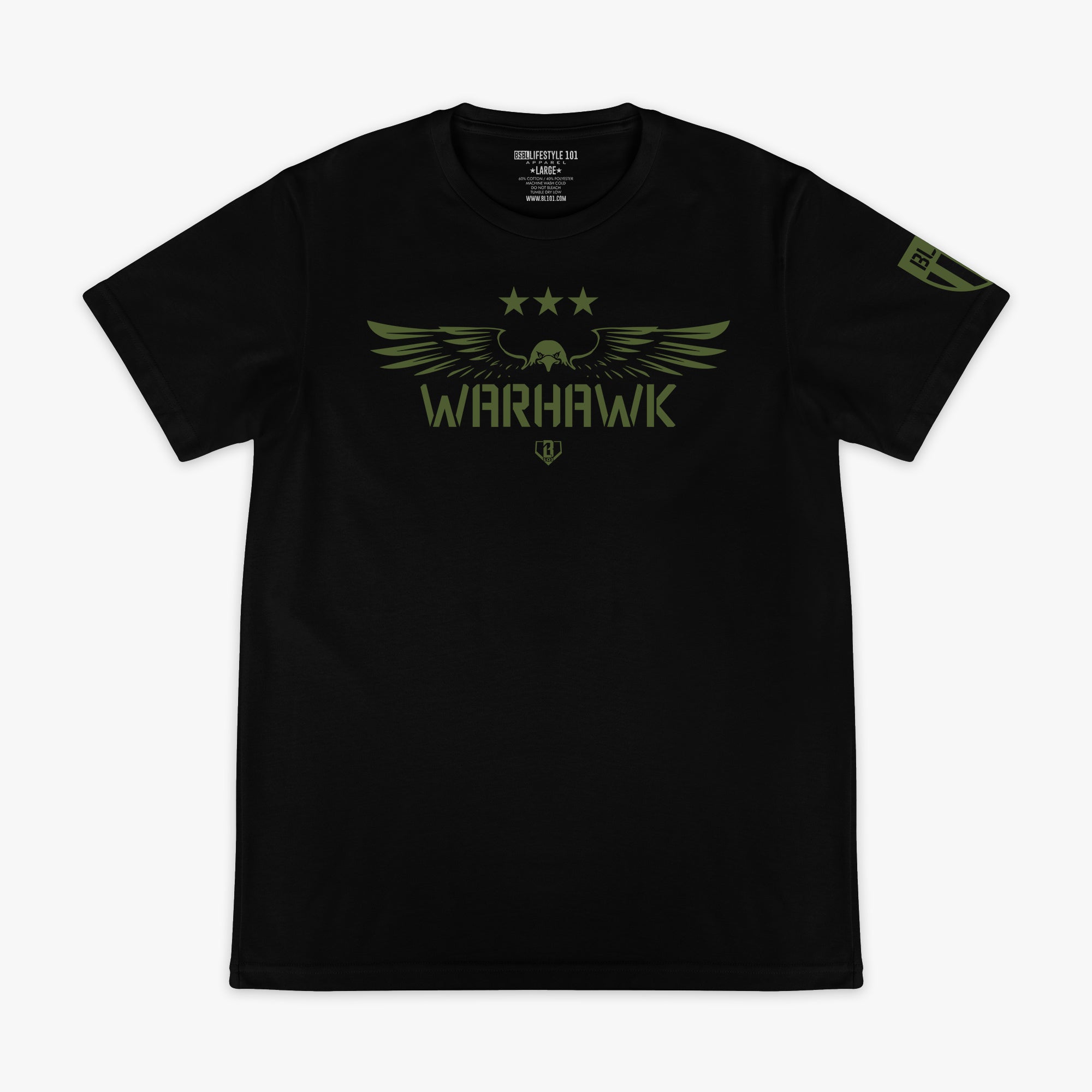 Black t-shirt featuring an army green eagle graphic with green “WARHAWK” lettering and a green Armor BL101 logo on sleeve