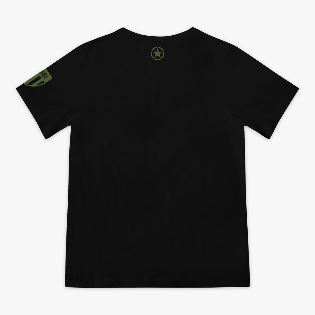 Youth black t-shirt featuring an army green star graphic and a green Armor BL101 logo on sleeve