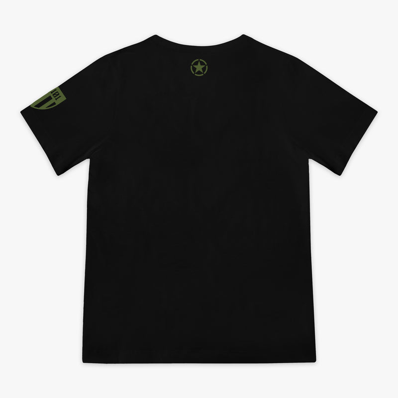 Youth black t-shirt featuring an army green star graphic and a green Armor BL101 logo on sleeve