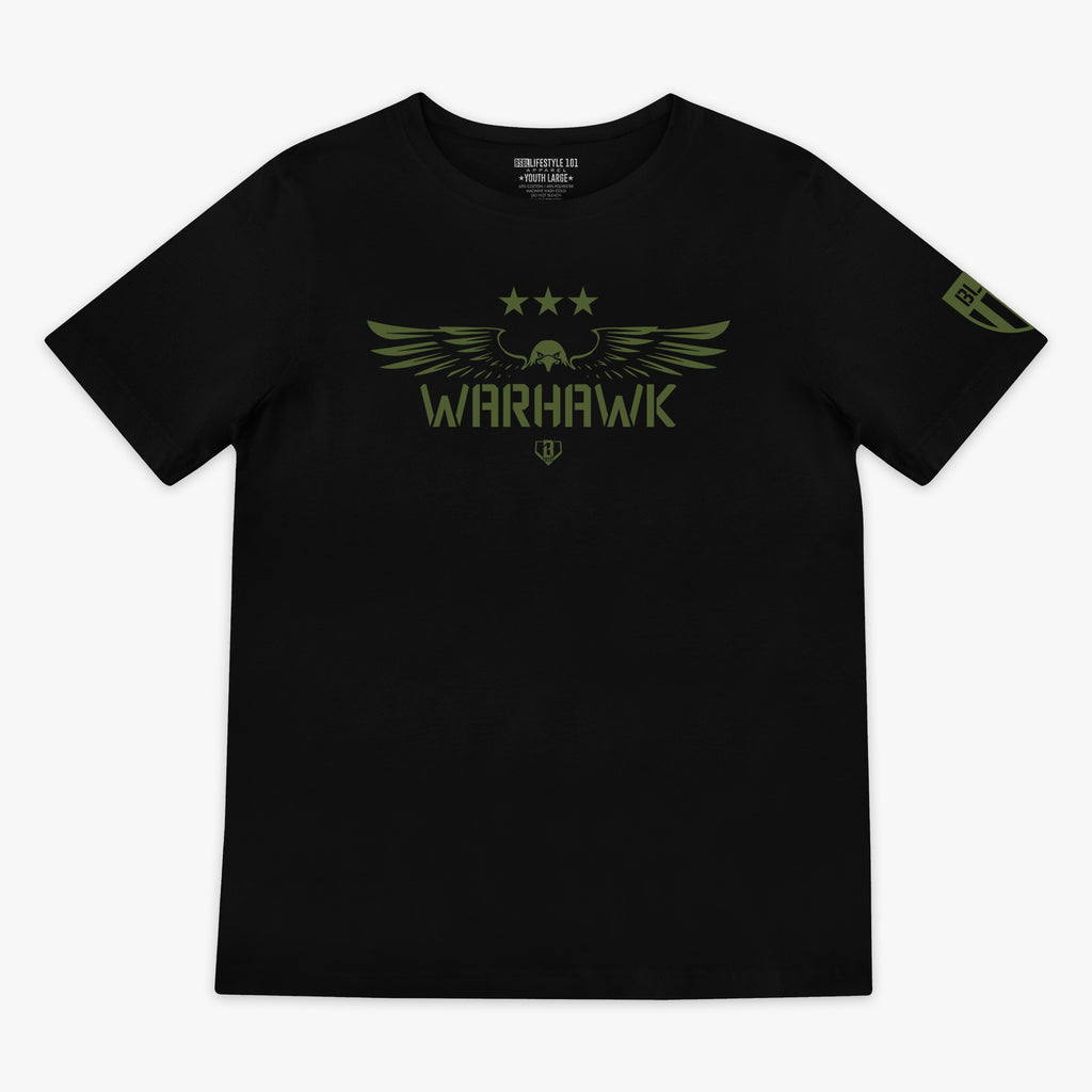 Youth black t-shirt featuring an army green eagle graphic with green “WARHAWK” lettering and a green Armor BL101 logo on sleeve