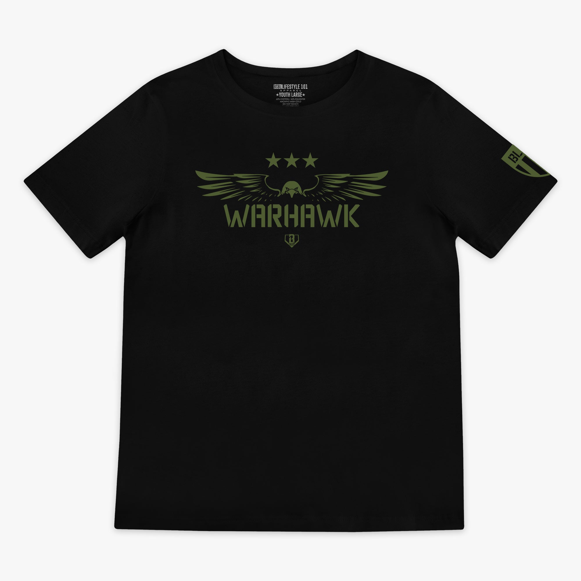 Youth black t-shirt featuring an army green eagle graphic with green “WARHAWK” lettering and a green Armor BL101 logo on sleeve