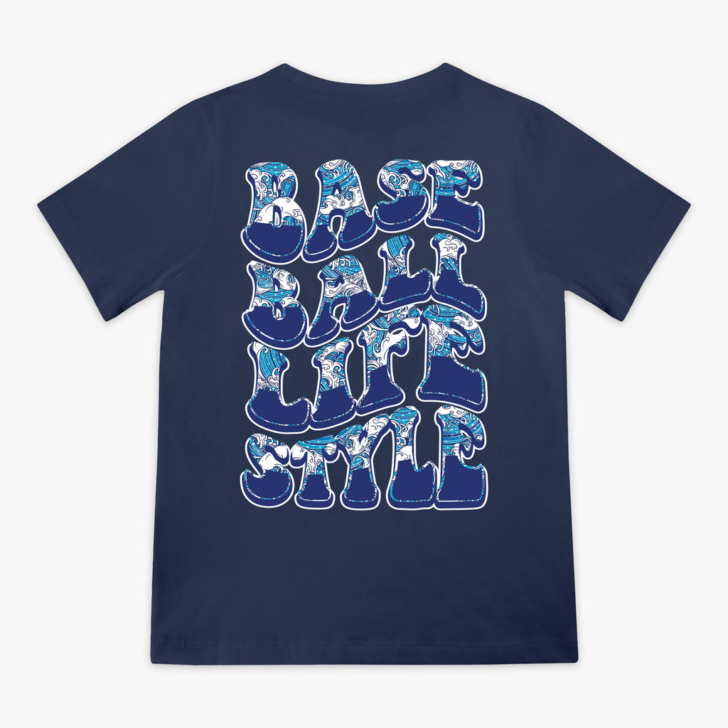 Navy Wave youth graphic tee — back view