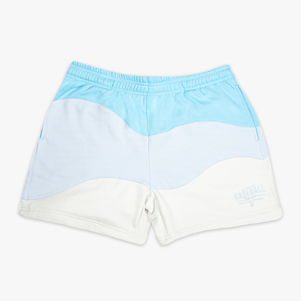 Light blue and white shorts with Light blue 'Authentic Baseball Lifestyle PREMIUM APPAREL' text on white background