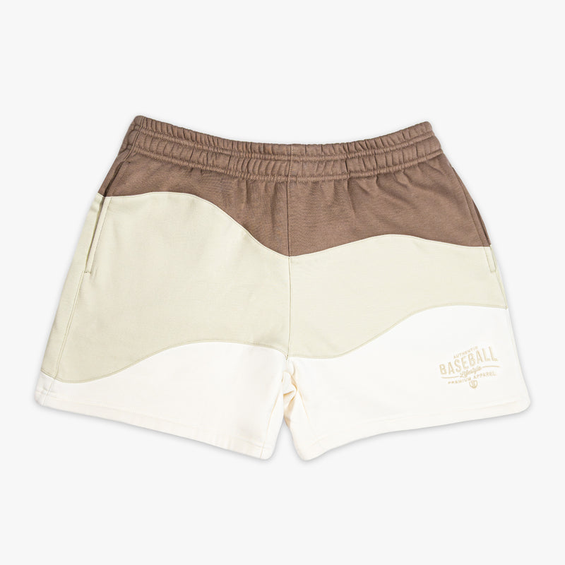 Brown and beige shorts with white 'Authentic Baseball Lifestyle PREMIUM APPAREL' text
