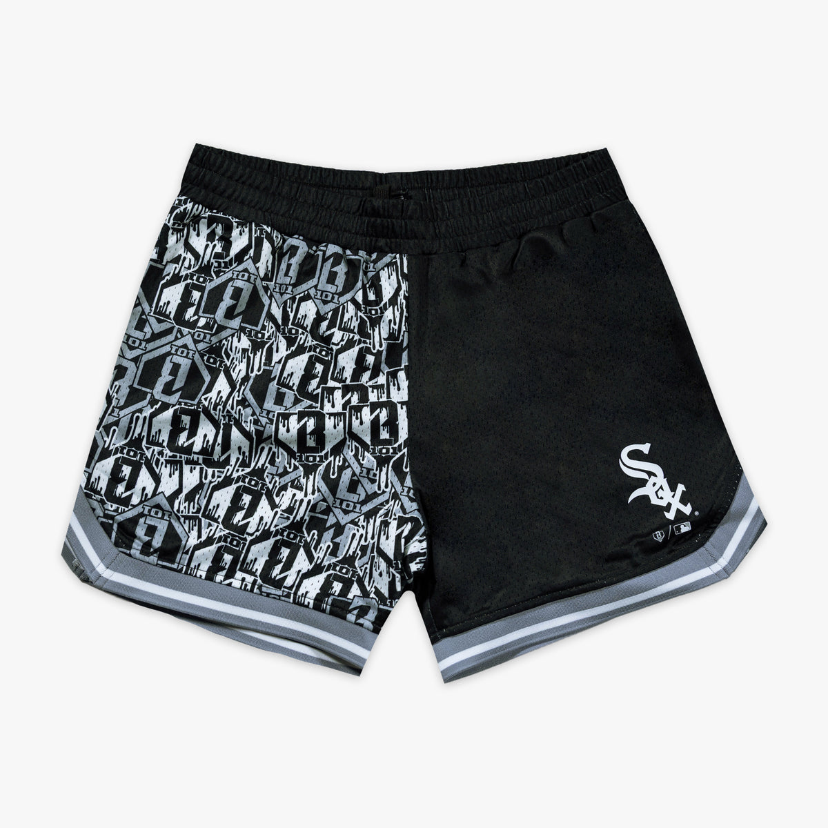 Black shorts with "Chicago White Sox Sticker Court" design - front view